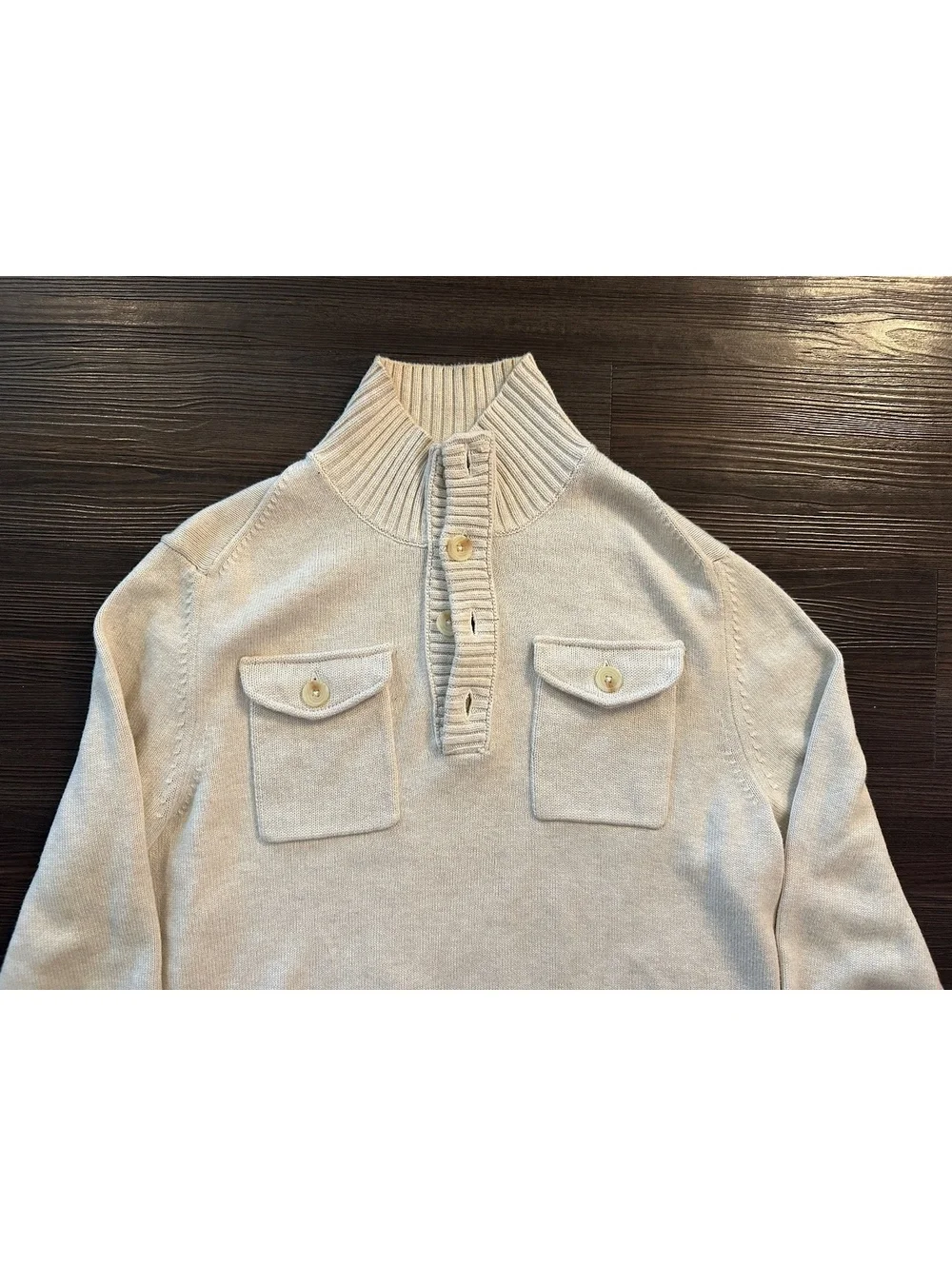 Banana Republic~Pullover Sweater~Mens Medium~cream~Button Neck Pockets~Cotton